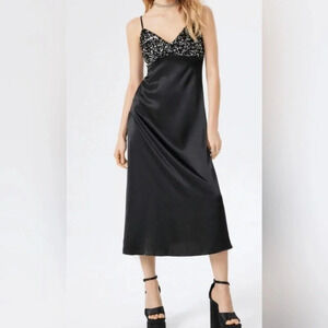 House of Harlow 1960 Sequined Black Satin Slip Dress Long New Prom Formal Gown